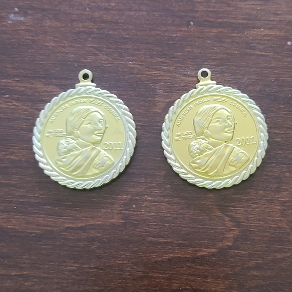 Gold Tone and Silver Tone Medallion Pendant, Indian Relief, Sacagawea, Set Of 2 - Picture 6 of 6